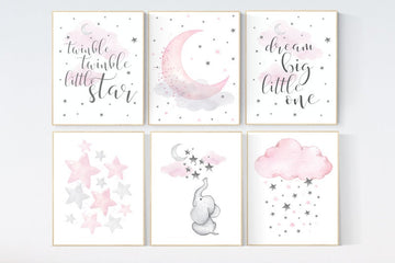Nursery decor girl elephant, nursery wall art quotes, girl room wall art, pink and gray, moon and stars nursery, nursery decor clouds stars