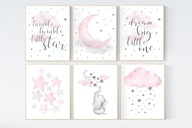 Nursery decor girl elephant, nursery wall art quotes, girl room wall art, pink and gray, moon and stars nursery, nursery decor clouds stars