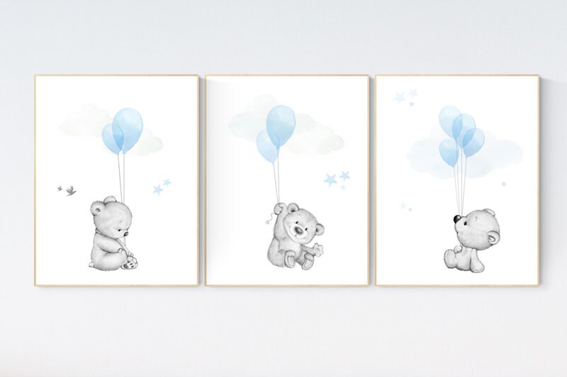 Nursery decor boy bear, bear nursery wall art, bear nursery print, teddy bear, blue ang gray nursery prints, bear print nursery, baby room