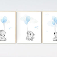 Nursery decor boy bear, bear nursery wall art, bear nursery print, teddy bear, blue ang gray nursery prints, bear print nursery, baby room