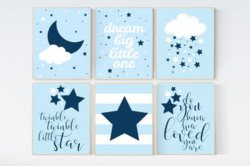 Nursery decor boy, navy blue nursery, nursery wall art boy, elephant nursery, cloud and stars, baby room decor, nursery ideas for boys