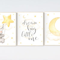 Yellow nursery wall art, gender neutral, Nursery decor elephant, Nursery decor neutral, cloud, moon, stars, dream big little one yellow grey