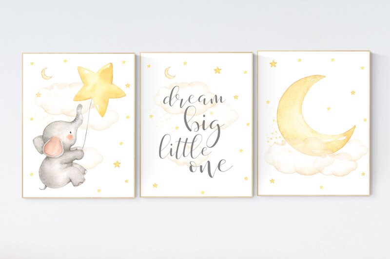 Yellow nursery wall art, gender neutral, Nursery decor elephant, Nursery decor neutral, cloud, moon, stars, dream big little one yellow grey