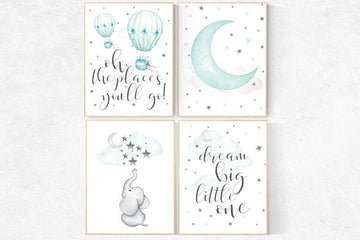 Mint nursery decor, nursery decor elephant, hot air balloon, gender neutral nursery, oh the places you'll go, mint green nursery wall art