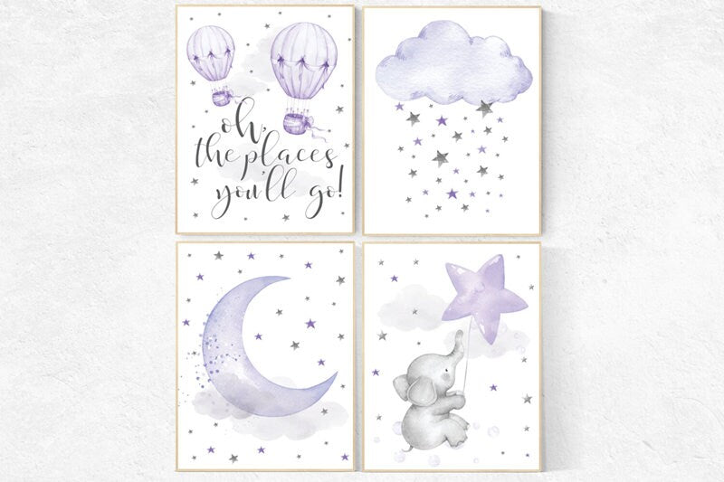 Nursery decor girl purple, nursery decor elephant, Nursery decor girl lavender and gray, oh the places you&