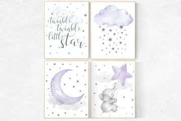 Nursery decor girl elephant, purple, lavender, lilac, twinkle twinkle little star, cloud and stars nursery wall art, baby decor for nursery