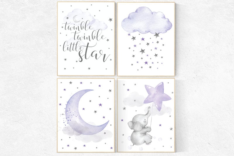 Nursery decor girl elephant, purple, lavender, lilac, twinkle twinkle little star, cloud and stars nursery wall art, baby decor for nursery