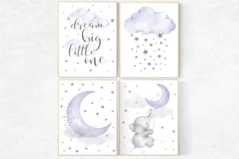 Baby room decor elephant, purple nursery wall art, nursery decor lavender, lilac, dream big little one, cloud and stars, baby room decor