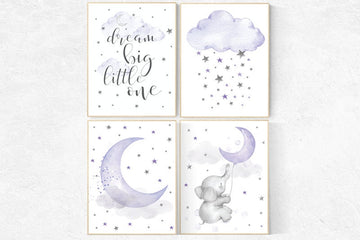 Baby room decor elephant, purple nursery wall art, nursery decor lavender, lilac, dream big little one, cloud and stars, baby room decor