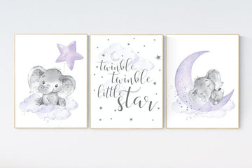 Nursery decor girl purple, nursery prints elephant, Girls room decor purple, moon and stars, lavender, star nursery, lilac nursery, cloud
