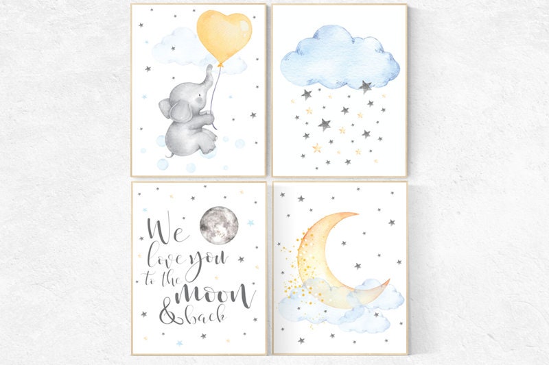 Nursery wall art elephant, nursery decor, we love you to the moon and back, Nursery decor neutral, nursery gender neutral, baby room decor