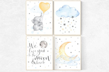 Nursery wall art elephant, nursery decor, we love you to the moon and back, Nursery decor neutral, nursery gender neutral, baby room decor