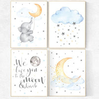 Nursery decor neutral, we love you to the moon and back, elephant nursery art,baby room decor,nursery prints, cloud and stars nursery art