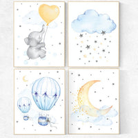 Nursery decor elephant, nursery decor hot air balloons, cloud nursery decor, Nursery wall art neutral, moon and stars nursery gender neutral