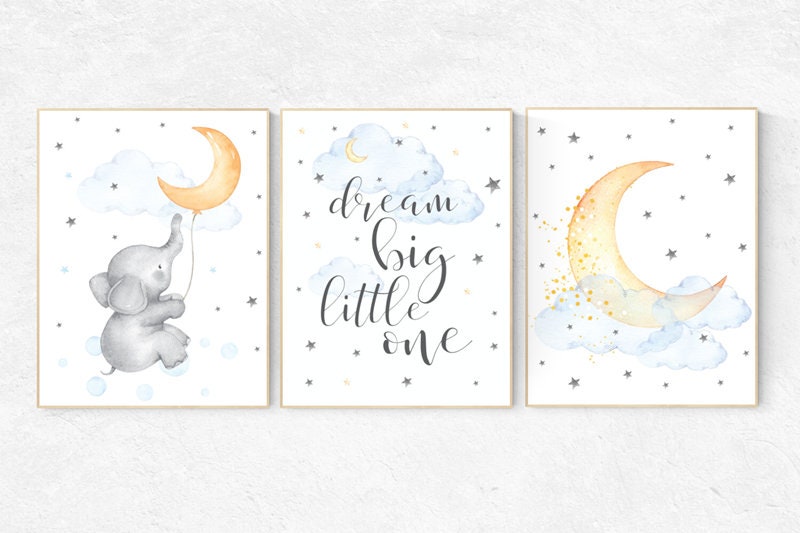 Nursery wall art elephant, nursery decor neutral, dream big little one, cloud and stars, moon nursery decor, moon and stars, gender neutral