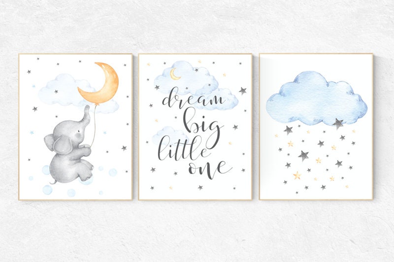 Elephant nursery, gender neutral nursery wall art, yellow, blue, dream big little one, moon, cloud, stars, gender neutral nursery ideas