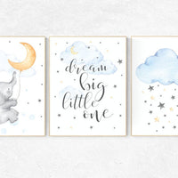 Elephant nursery, gender neutral nursery wall art, yellow, blue, dream big little one, moon, cloud, stars, gender neutral nursery ideas