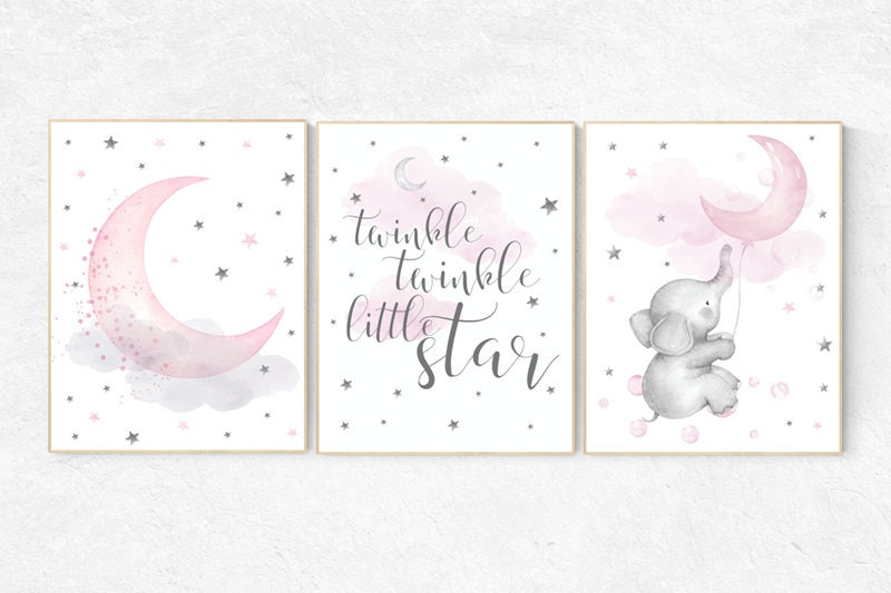 Nursery decor elephant, Nursery decor girl pink and gray, pink nursery, Elephant nursery, twinkle twinkle little star, Girls room decor