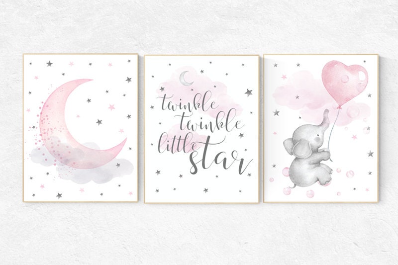 Nursery wall art girl, nursery decor girl elephant, elephant nursery, cloud and star nursery, baby room decor girl, pink nursery wall decor