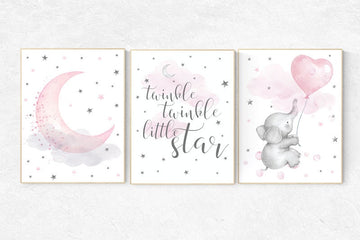 Nursery wall art girl, nursery decor girl elephant, elephant nursery, cloud and star nursery, baby room decor girl, pink nursery wall decor