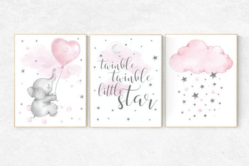 Nursery decor girl elephant, elephant nursery, cloud and star nursery, baby room decor girl, pink nursery wall decor, baby girl nursery