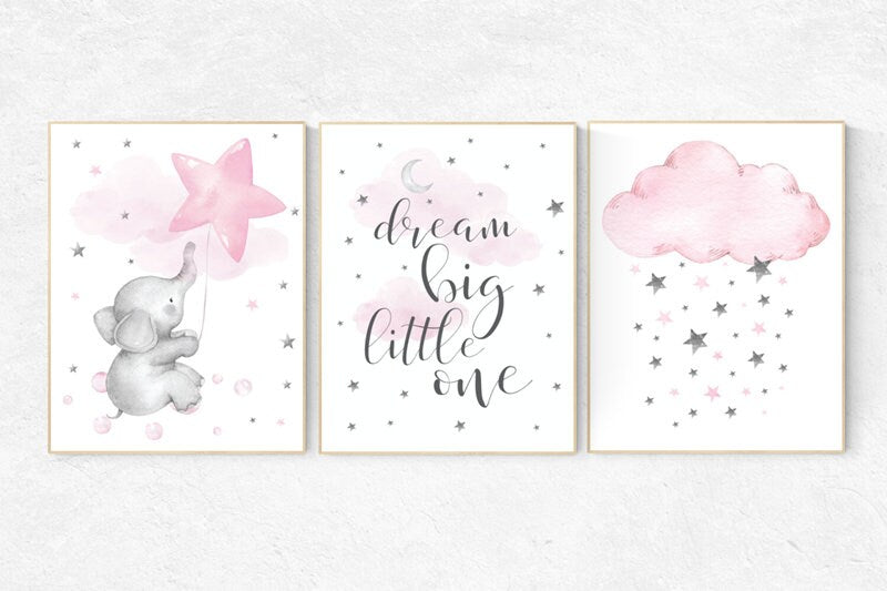 Elephant nursery, Nursery decor girl pink and gray, nursery decor girl pink, pink nursery, dream big little one, cloud nursery. pink nursery