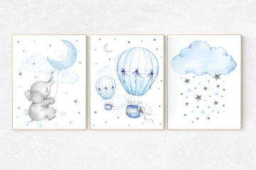 nursery wall art elephant, Nursery decor boy hot air balloon, elephant balloon, baby room decor, blue and gray nursery, nursery prints