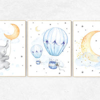 Nursery decor neutral, nursery wall art elephant, hot air balloon, cloud nursery decor, star and moon nursery wall art, gender neutral