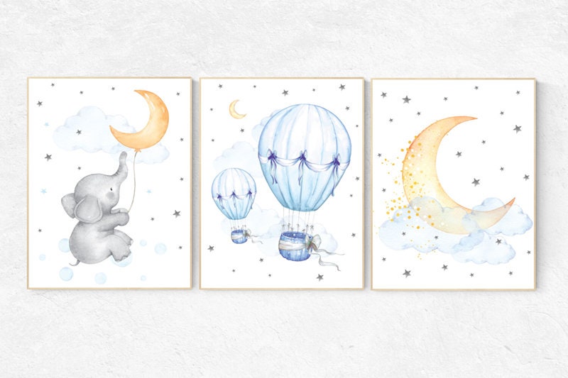 Nursery decor neutral, nursery wall art elephant, hot air balloon, cloud nursery decor, star and moon nursery wall art, gender neutral