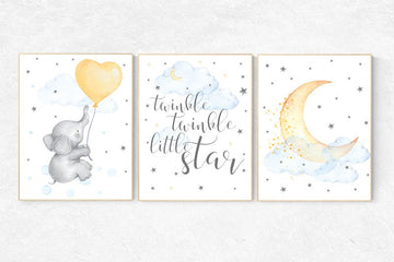 Nursery decor neutral, twinkle twinkle little star, elephant nursery wall art, moon and stars nursery gender neutral, elephant balloon