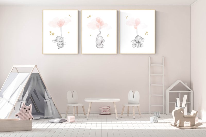 Elephant Nursery Art: Blush Pink & Gold Balloon Prints