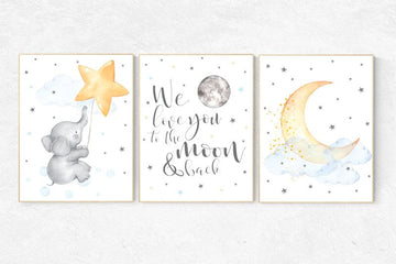 Baby Room Wall Art, neutral nursery, Gender neutral nursery, we love you to the moon and back, Baby wall decor, baby room decor, blue yellow
