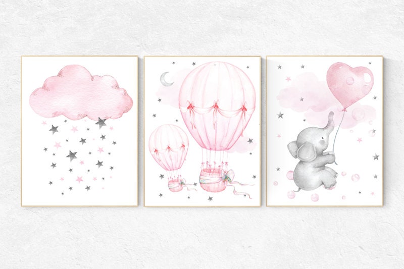 Nursery wall art girl elephant, nursery decor girl pink, hot air balloon, nursery prints, baby room decor, nursery room prints, baby girl