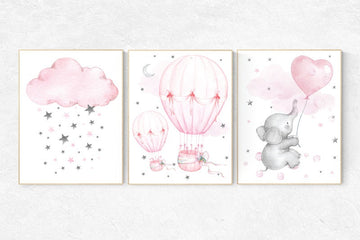 Nursery wall art girl elephant, nursery decor girl pink, hot air balloon, nursery prints, baby room decor, nursery room prints, baby girl