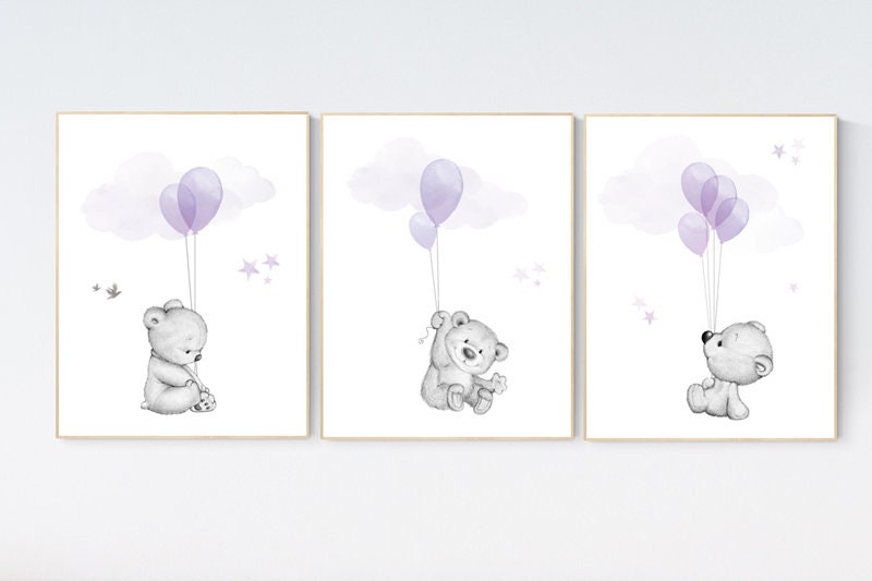 Nursery decor girl purple, nursery decor bear, teddy bear nursery, lilac nursery print, lavender, baby room decor, nursery wall art animals