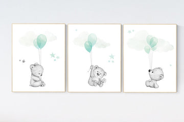 Nursery decor boy and girl, bear nursery, mint nursery decor, mint green nursery wall art, nursery wall art animals, balloon nursery art