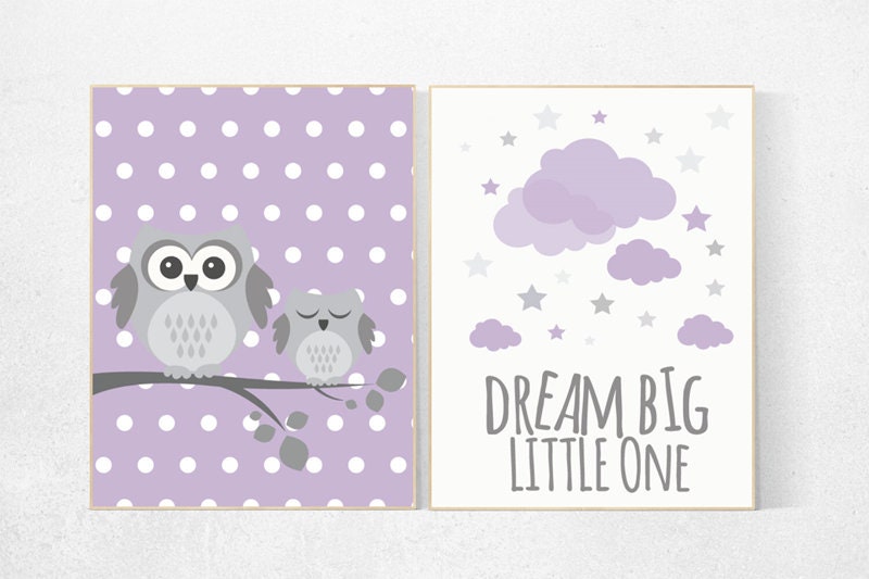 Lilac nursery wall art, nursery decor girl purple, lavender nursery art, lilac silver, dream big little one, owl nursery, baby room decor