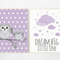 Lilac nursery wall art, nursery decor girl purple, lavender nursery art, lilac silver, dream big little one, owl nursery, baby room decor