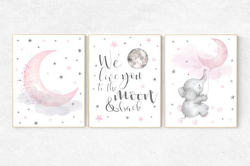 Baby room decor elephant, Nursery decor girl pink and gray, nursery decor girl pink, nursery wall art girl, we love you to the moon and back