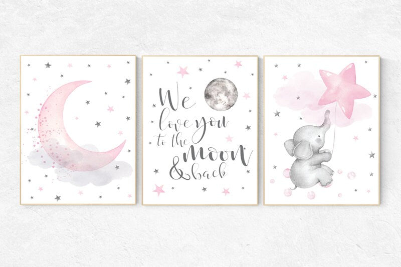 Nursery wall art girl, cloud and stars nursery, pink nursery, nursery decor elephant, we love you to the moon and back, elephant balloon