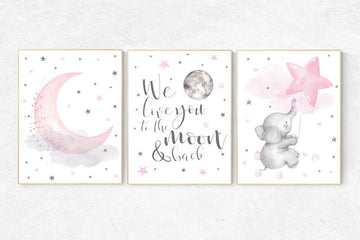 Nursery wall art girl, cloud and stars nursery, pink nursery, nursery decor elephant, we love you to the moon and back, elephant balloon