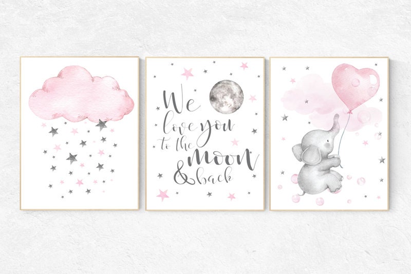 Nursery decor girl pink, nursery wall art girl, Nursery decor girl pink and gray, Baby room decor elephant, we love you to the moon and back