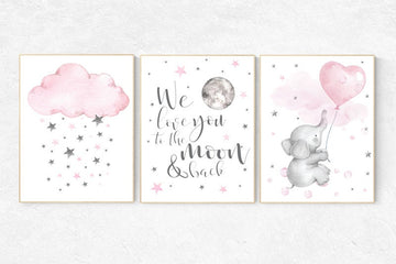 Nursery decor girl pink, nursery wall art girl, Nursery decor girl pink and gray, Baby room decor elephant, we love you to the moon and back