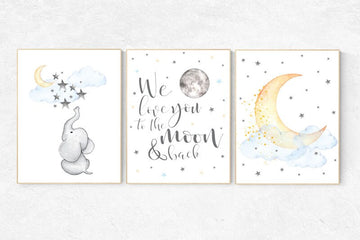 Nursery wall art elephant, neutral nursery, Gender neutral nursery, we love you to the moon and back, Baby wall decor, baby room decor, moon
