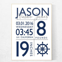 Birth announcement, Nautical boy nursery, birth stats print, nautical baby room, Nautical Nursery Wall Art, Navy Mint Nursery Decor, teal