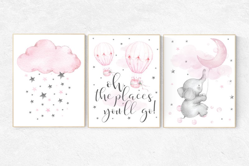 Nursery decor girl elephant, nursery wall art, pink gray, hot air balloon, pink grey, cloud and stars, baby room decor girl, nursery prints