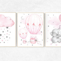 Elephant nursery, hot air balloon, Nursery decor girl, nursery wall art, pink grey, cloud and stars nursery, pink grey, pink gray, prints