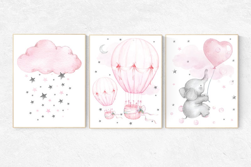 Elephant nursery, hot air balloon, Nursery decor girl, nursery wall art, pink grey, cloud and stars nursery, pink grey, pink gray, prints