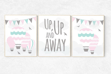Pink and aqua nursery, up and up away,  hot air balloon nursery, set of 3, nursery decor, nursery print, nursery wall art, baby room art