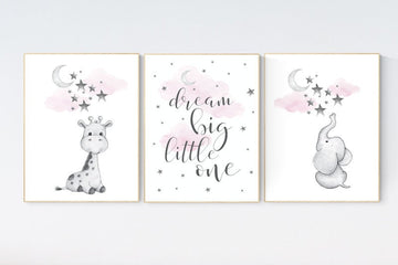 Nursery wall art elephant, nursery wall art girl, giraffe nursery, Pink and gray nursery, dream big little one, moon and stars nursery